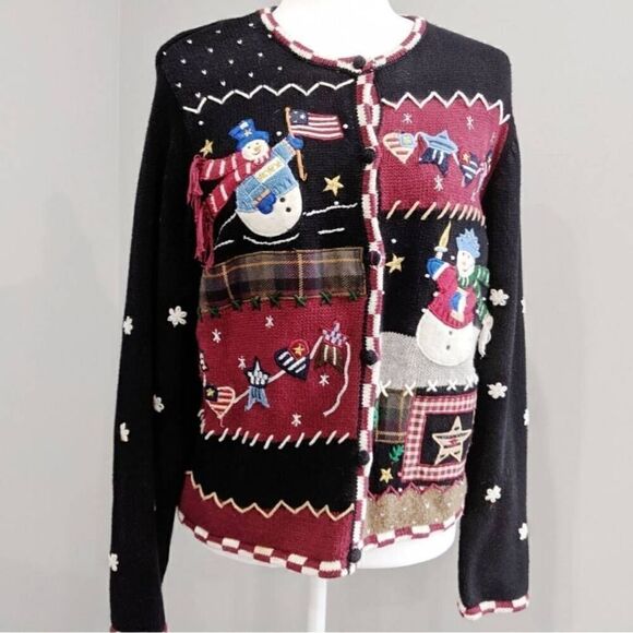 Ugly Christmas Sweater Black Holiday Patriotic Snowman Cardigan Crewneck Size MP - Picture 3 of 8
